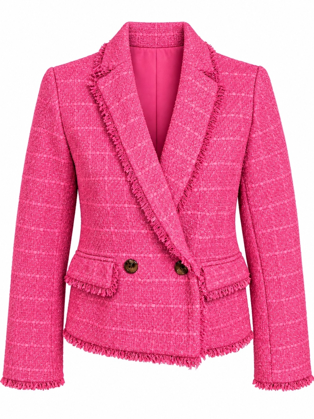 Ann Taylor Tweed Blazer Jacket 0P Petite Preppy Hot Pink Fringe - Picture 2 of 10